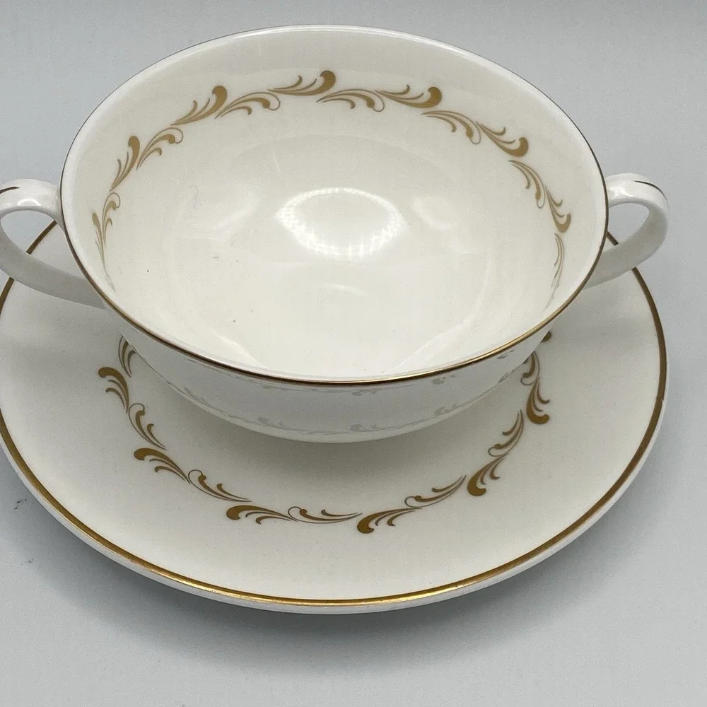 Royal Doulton Rondo Cream Soup Bowl (s) w/ saucer White Gold Vintage Cottagecore